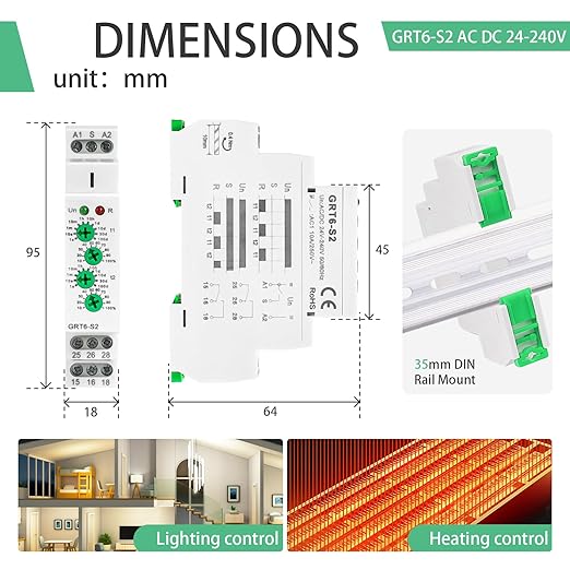 Asymmetric Cycle Timer Relay 2SPDT 10A Long or Short Period Repeat Cycle Tntermittent Timer Electronic Relay in Din Rail Wide Voltage Range AC DC 24V to 240V