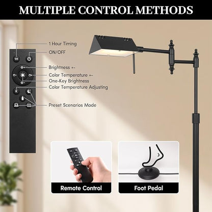 Dimmable Pharmacy Floor Lamp with Remote, 15W LED Reading Floor Lamp with 360°Swing Arm, 3 Color Temperature, Height Adjustable Black Standing Task Lamp for Living Room, Bedroom, Black