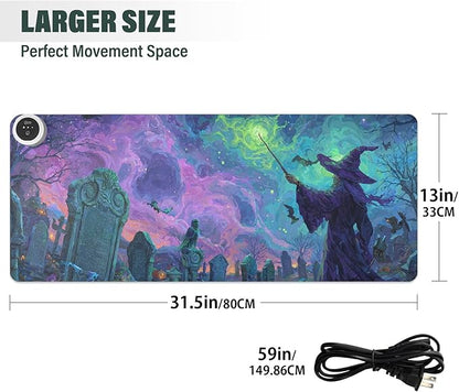 Heated Desk Pad Mouse Pad 31.5x13 Inch PU Leather Desk Mat with 3 Heat Levels Large Mouse Gaming Computer Laptop Mat Halloween Graveyard Purple