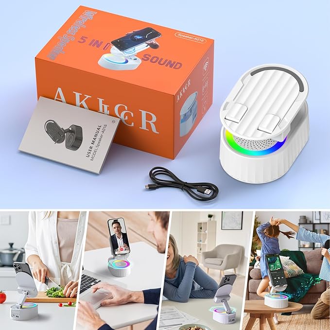 Wireless Induction Audio Bluetooth Speaker 5in1 Phone Holder Emergency Rechargeable (3000mAh) with Colorful Ambient Light 300° Foldable for Tablet iPhone Android, Gifts for Men Women (White)