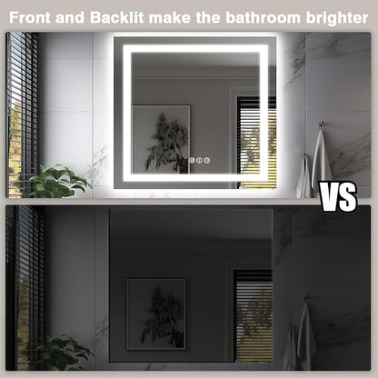 36"x36" Square LED Bathroom Mirror (Front and Backlit), Anti-Fog Vanity Mirror with Lights, Stepless 3 Colors Dimmable Smart Lighted Mirror(Horizontal/Vertical)