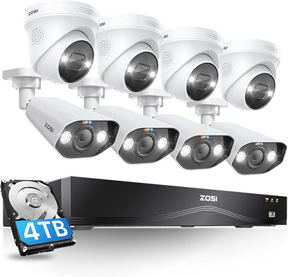 ZOSI 32CH 4K PoE Security Camera System,8pcs 8MP Indoor Outdoor IP Cameras,Person Vehicle Detection,2 Way Audio,Color Night Vision,Siren Alarm,16 Port 32 Channel NVR with 4TB HDD for 24/7 Recording