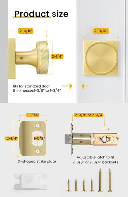 goldenwarm Passage Door Knob Gold, Zinc-Alloy Modern Brushed Gold Closet Door Knob Interior for Hallways, Heavy Duty Square Gold Modern Doorknob - 6 Pack