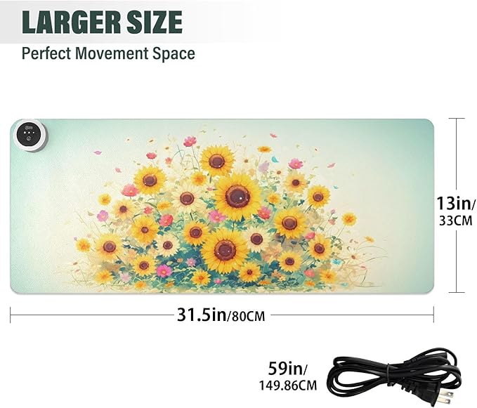 Large Heated Mouse Pad,Leather Desk Mat,31.5"x13",Hand Warmer Pads for Desk,Sunflower(Yellow)