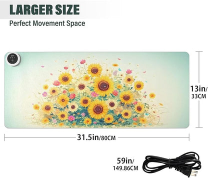 Large Heated Mouse Pad,Leather Desk Mat,31.5"x13",Hand Warmer Pads for Desk,Sunflower(Yellow)