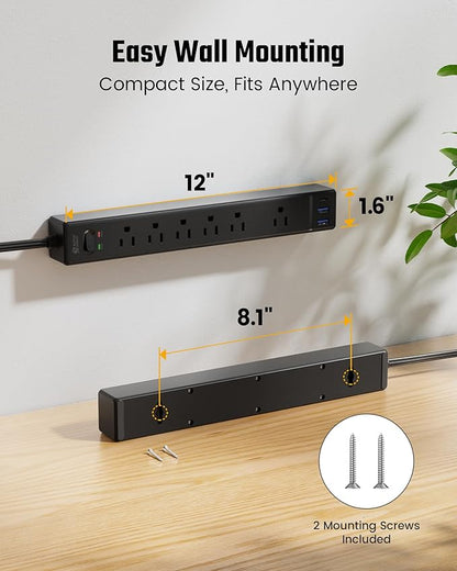 SUPERDANNY Flat Plug Surge Protector Power Strip, 6ft Ultra Thin Extension Cord with 3 USB (1 USB C Port), 6 Outlets Charging Station, Wall Mountable Outlet Extender for Home Office, College Dorm Room