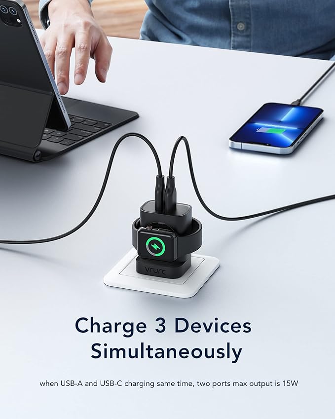 VRURC Charger for iPhone & Apple Watch, 20W USB C Fast Charging Block, 3-in-1 Compact Travel Adapter with 2 Port for iPhone 17/16/15/14/13, Wireless Magnetic for iWatch SE/11/10/9/8/7/6/5/4-Black