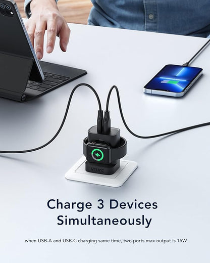 VRURC Charger for iPhone & Apple Watch, 20W USB C Fast Charging Block, 3-in-1 Compact Travel Adapter with 2 Port for iPhone 17/16/15/14/13, Wireless Magnetic for iWatch SE/11/10/9/8/7/6/5/4-Black