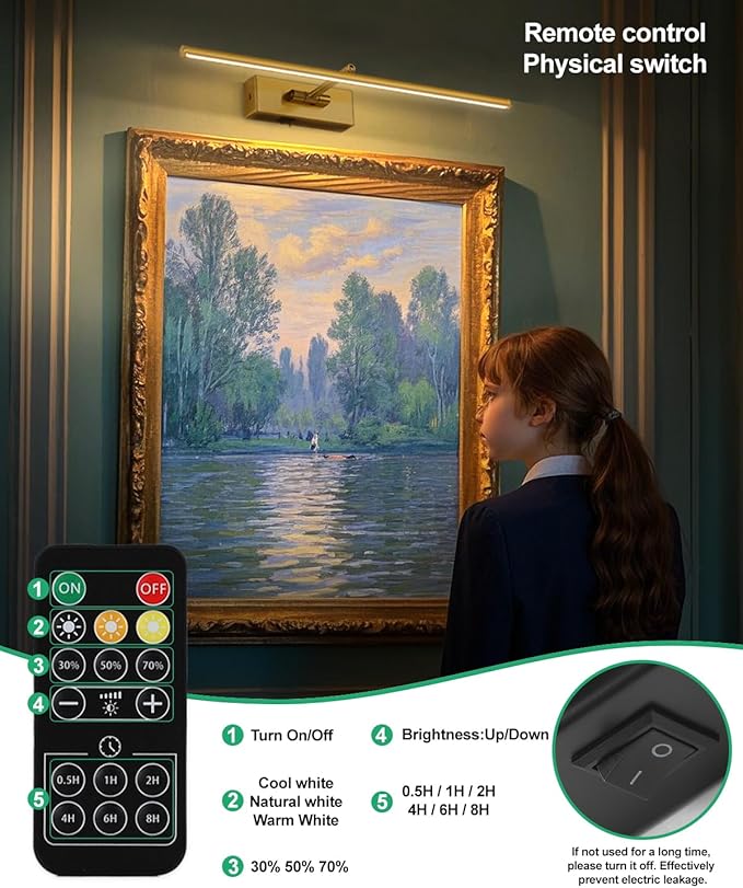 Battery Operated Picture Light with Wireless Remote 3CCT Dimmable Gold Wall Art Lights for Paintings 3 Color Rechargeable cordless decor Gallery Light 24’‘ Artwork Lighting for Canvas Timer Function