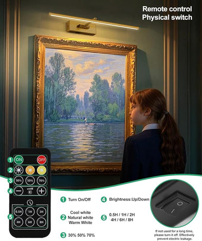 Battery Operated Picture Light with Wireless Remote 3CCT Dimmable Gold Wall Art Lights for Paintings 3 Color Rechargeable cordless decor Gallery Light 24’‘ Artwork Lighting for Canvas Timer Function