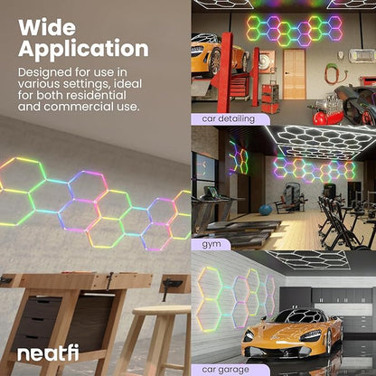 Neatfi LED Hexagon Garage Lights, 43.2W, Honeycomb Ceiling Light for Auto Shops, Car Detailing, Workshop, Gym, Basement, Warehouse, Barber Shop and Beauty Salons (5 Hex Grids, RGB)