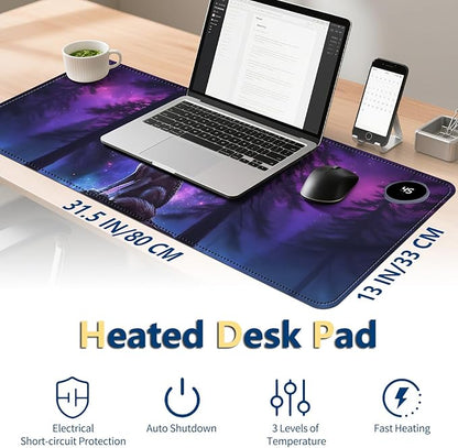 Heated Mouse Pad with 3 Temperature Settings(104°F–122°F),Large 31.5x13 Inch PU Leather Heated Desk Mat,Waterproof Warming Pad for Office,Gaming & Cold Hands Relief,Moon Wolf Howling