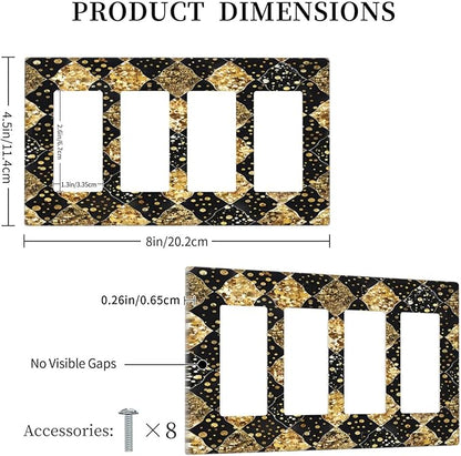 Gold Black Marble Geometric Plaid Glitter Wallplates 4 Gang Quad Rocker Decorative Light Switch Covers Electrical GFCI Faceplate Switch Plate for Bedroom Bathroom Decor