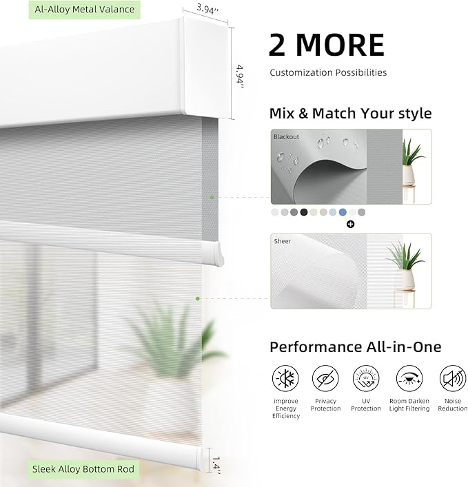 ZSTARR Motorized Day and Night Dual Smart Blind for Window with Valance Rechargeable Motor,Blackout Roller Shade Custom Size,with Valance Suitable for Home,Office (Full Blackout Light Grey)