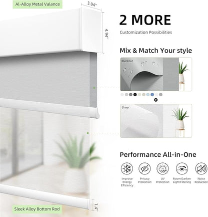 ZSTARR Motorized Day and Night Dual Smart Blind for Window with Valance Rechargeable Motor,Blackout Roller Shade Custom Size,with Valance Suitable for Home,Office (Full Blackout Light Grey)
