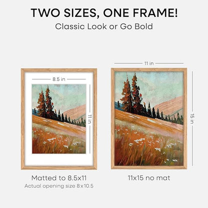 Homeforia 11x15 Picture Frame Wood, High End Natural Oak 11x15 Light Wooden Poster Frames with Mat 8.5x11, 11 x 15 Frame Matted to 8.5 x 11 Photo, 15x11 Thin Frames, Tempered Glass, Wall Kit, Set of 1