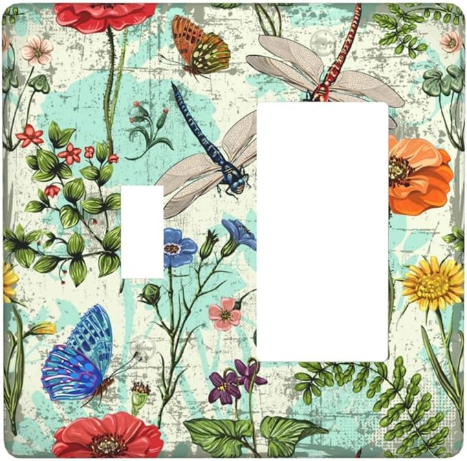 Dragonflies Flowers Butterfly 1 Toggle 1 Rocker Outlet Light Switch Cover Decorative Wall Plate Cover For Home Living Bedroom Kitchen Decorative