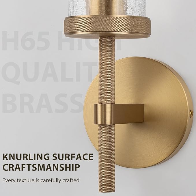 15" Knurled Brass Wall Sconce with Crackle Glass Tube, Gold Bathroom Vanity Light Fixtures, Modern Lamp Lighting for Bedroom, Living Room, Hallway, Staircase, Mirror, Kitchen