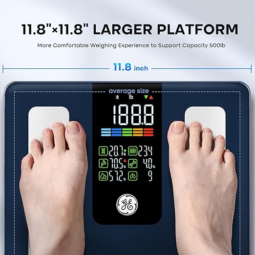 GE Smart Scale for Body Weight, BMI, Body Fat, Muscle Mass, Digital Bathroom Scales 500lbs for Bluetooth Weight Monitor 11.8" Large Platform Weighing Machine Health Analyzer with App, Dark Blue