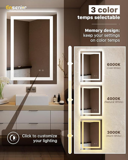 Ensenior LED Bathroom Mirror 30"x 36" with Front and Backlight, Stepless Dimmable Wall Mirrors with Anti-Fog, Shatter-Proof, Memory, 3 Colors, Modern LED Vanity Mirror-FCC