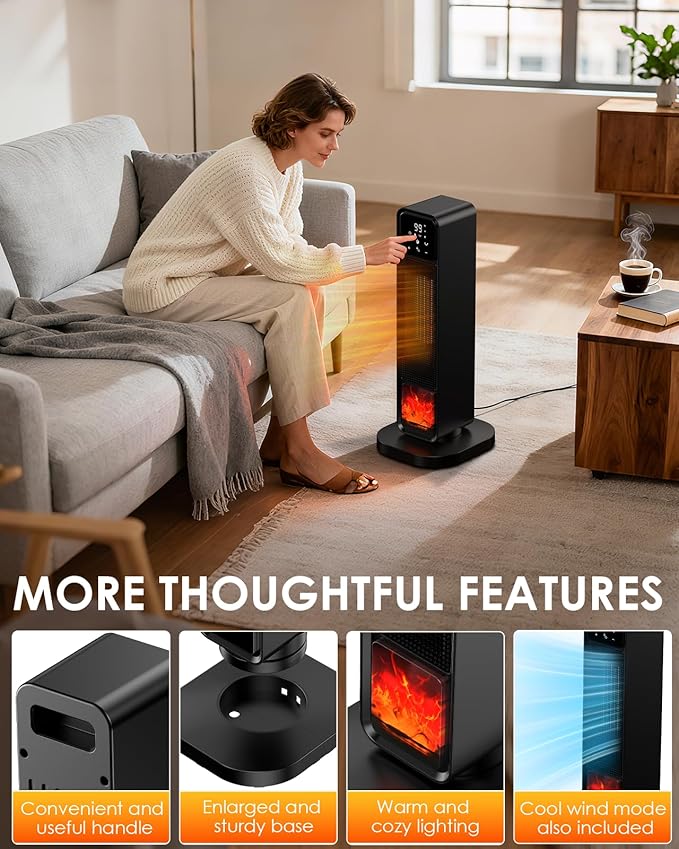2026 New Space Heater, 1500W Portable Heater with Remote, Quiet Heating Electric Heater for Indoor, PTC Ceramic Fast and Safety Heat, 75° Oscillation & 12H Timer, for Home Bedroom Office Patio