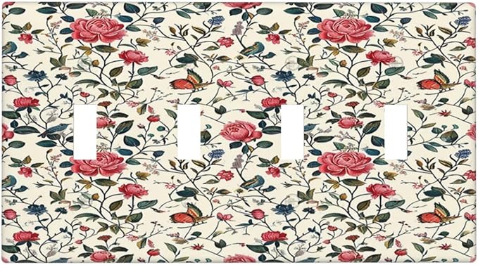 Light Switch Covers Vintage Flowers Rose Leaf Bird Butterfly Quad Toggle Electrical Faceplate 4 Gang Wall Plate Decorative Switch Plates for Bedroom living Room Decor