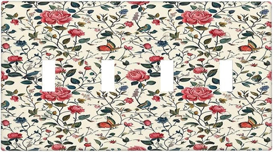 Light Switch Covers Vintage Flowers Rose Leaf Bird Butterfly Quad Toggle Electrical Faceplate 4 Gang Wall Plate Decorative Switch Plates for Bedroom living Room Decor