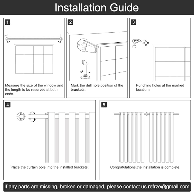 Refrze Curtain Rods for Windows 48 to 84 Inch, 1"Black Curtain Rod Industrial Wrap Around,Adjustable Heavy Duty Blackout Curtain Rods for Ceiling,Bedroom,Outdoor Patio