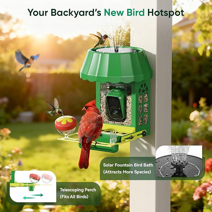 Avinory Smart Bird Feeder with Camera 2.5K HD, Solar Powered AI Bird Identifier 10000+ Species, 32GB Card, Wireless,with Night Vison,Metal Squirrel Proof for Outdoor Birds Watching Gift