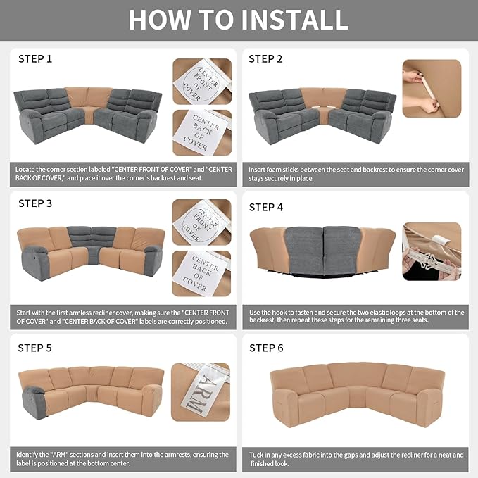 Easy-Going 100% Waterproof Recliner Cover, Stretch Couch Covers for Reclining Couches, Extra Large Sectional Sofa Slipcover, L-Shape Furniture Protector for Kids & Pets, 5 Seater, Camel