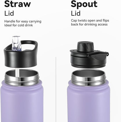 16 oz Insulated Water Bottle with Straw Lids, Stainless Steel Kids Water Bottles for School, Double Wall Vacuum Metal Water Bottle with Straw & Wide Mouth Lid, Lavender 8 Pack