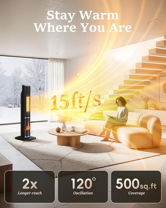 MEPTY 1500W Portable Space Heater Large Room, Electric Space Heaters for Indoor Use with 120° Oscillation, 24H Timer, ECO Mode, 3D Flame, Energy Efficient, Tower Heaters for Office, Bedroom