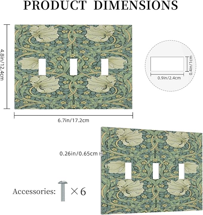 Decorative Switch Plates Vintage Floral Plant Sage Green William Morris 3 Gang Wall Plate Faceplate Triple Toggle Light Switch Cover Electrical Wall Panels for Bedroom Home Decor