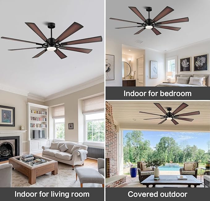 WINGBO 60" DC Ceiling Fan with Lights and Control, Matte Black Ceiling Fan with Walnut/Walnut Shadowed Reversible Blades, 6-Speed DC Motor, 8 Blade Wood Ceiling Fans for Kitchen Bedroom Living Room