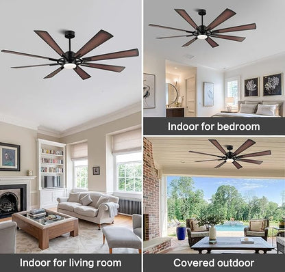 WINGBO 60" DC Ceiling Fan with Lights and Control, Matte Black Ceiling Fan with Walnut/Walnut Shadowed Reversible Blades, 6-Speed DC Motor, 8 Blade Wood Ceiling Fans for Kitchen Bedroom Living Room