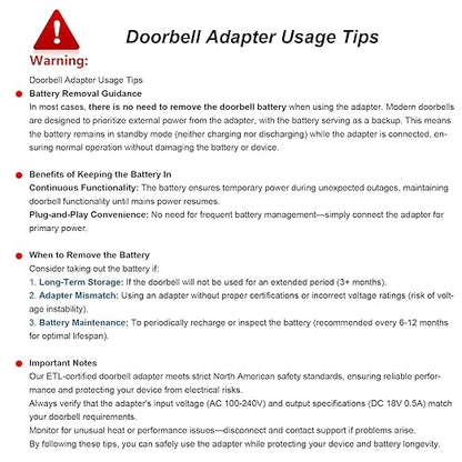 18V 500mA Doorbell Adapter 33 Feet Extra Long Cable ETL Certification Video Doorbell Power Adapter Compatible with Ring Video Doorbell, Video Doorbell 2, Video Doorbell Pro