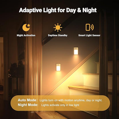 Rechargeable Motion Sensor Night Lights, 4-Pack - Brushed Gold Aluminum Alloy, Ultra-Compact Magnetic Mount, 3000K Warm White Glow, Ideal for Hallways, Bedrooms, Stairs & Nightly Use