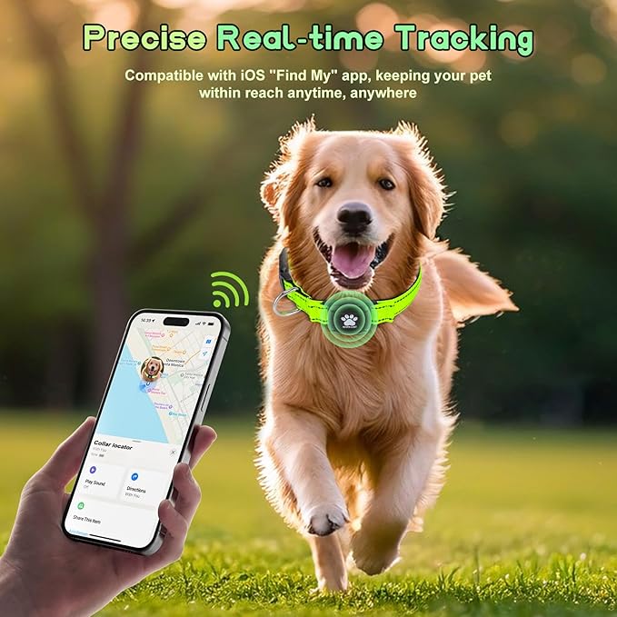 GPS Dog Collar Tracker 2-in-1,Reflective Waterproof Pet Collar,iOS-Only,No Monthly Fees,Unlimited Range,Ideal for Dog Tracking pet Tracker,for Small Medium Large Dogs(M (15"-20.5"), Green)