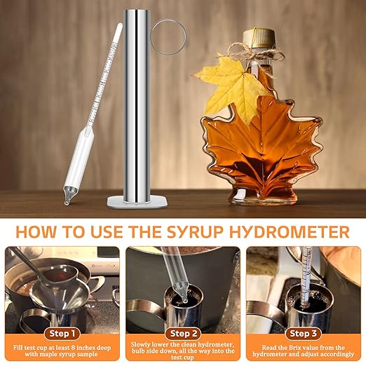 Maple Syrup Hydrometer Test Cup Kit, High Accuracy Hydrometer Maple Syrup Density Kit, Baume and Brix Scale Easy to Read, Stainless Steel Test Cup with Cleaning Brush