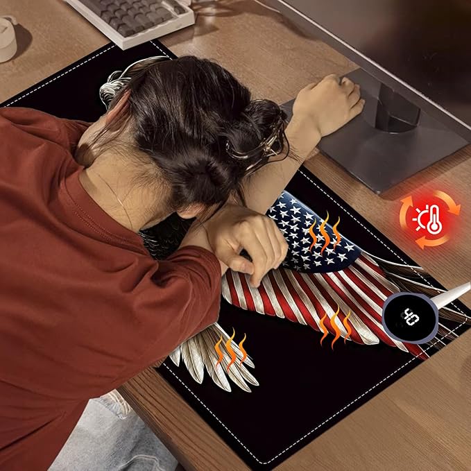 Heated Mouse Pad, Warm Desk Pad, Keyboard Mat 23.6 x 14 Inch Large Size Intelligent Fast Heating, 3 Speed Adjustable, Timed Auto Power Off for Game Office Home, Soaring American Flag Eagle
