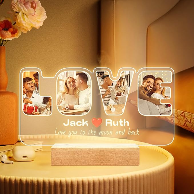 Custom Picture Frames with Photo, Personalized Photo Frame with Night Light, Customized Picture Frame, Personalized Anniversary Valentines Day Gifts for Women Men Her Him Girlfriend Boyfriend Couple