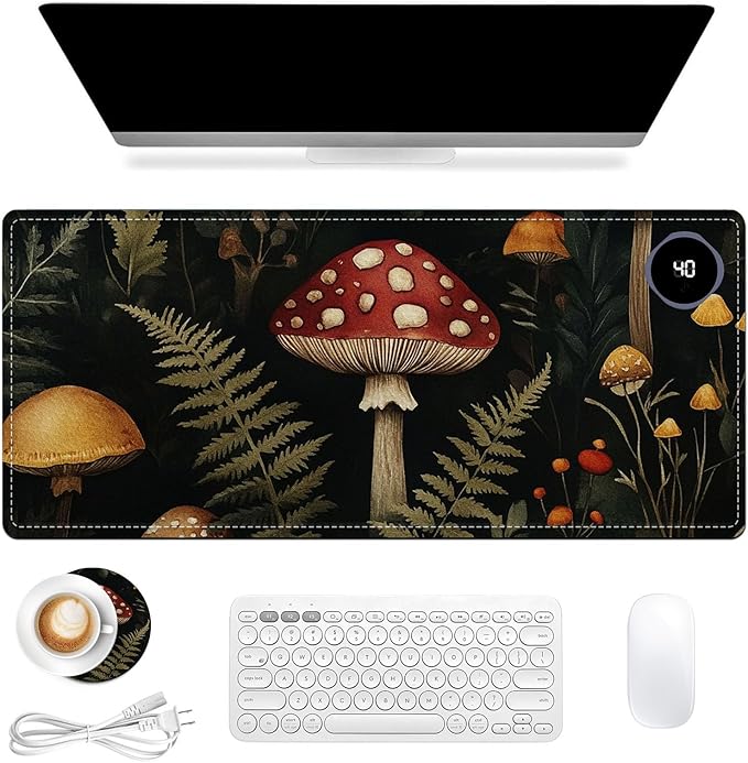 Heated Mouse Pad 31.5x13 in 3-Temp Fast Heating Desk Mat with Auto Timer Warmer for Hands Wrist Pain Relief Waterproof Keyboard Mat for Office, Gaming, Home, Mushroom Forest