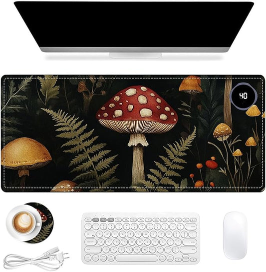 Heated Mouse Pad 31.5x13 in 3-Temp Fast Heating Desk Mat with Auto Timer Warmer for Hands Wrist Pain Relief Waterproof Keyboard Mat for Office, Gaming, Home, Mushroom Forest