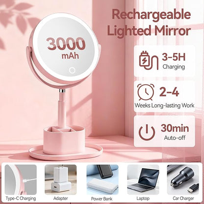 Shinowa Makeup Mirror with Lights, 1X/20X Lighted Magnifying Mirror with Storage for Makeup & Jewelry, 2-Sided Height Adjustable Vanity Mirror with 3 Color Lights, 360° Rotation & Rechargeable, Pink