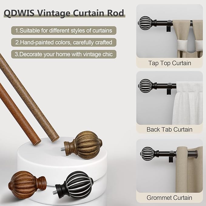 Black Curtain Rods for Windows 72 to 144 Inch, 1'' Adjustable Heavy Duty Curtain Rod，Vintage Decorative Drapery Rods with Pumpkin Finials for Bedroom Living Room