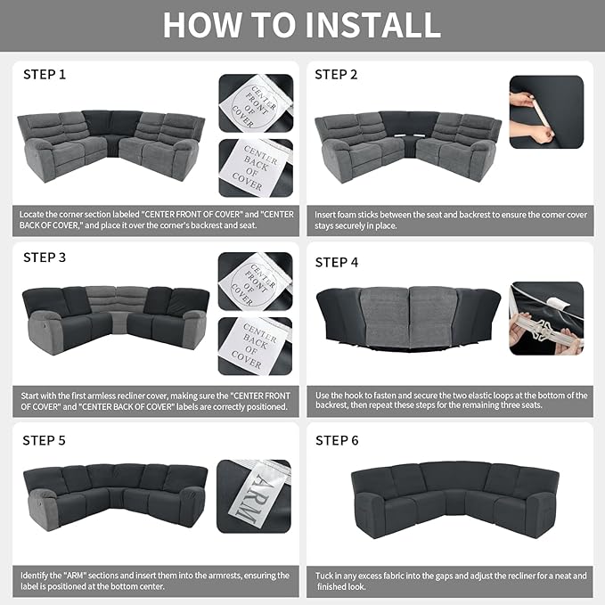 Easy-Going 100% Waterproof Recliner Cover, Stretch Couch Covers for Reclining Couches, Extra Large Sectional Sofa Slipcover, L-Shape Furniture Protector for Kids & Pets, 5 Seater, Dark Gray
