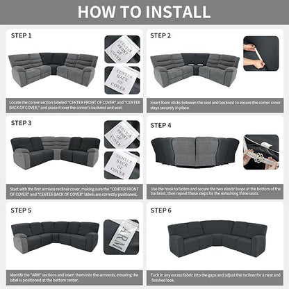 Easy-Going 100% Waterproof Recliner Cover, Stretch Couch Covers for Reclining Couches, Extra Large Sectional Sofa Slipcover, L-Shape Furniture Protector for Kids & Pets, 5 Seater, Dark Gray