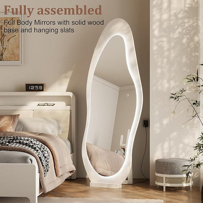 WoodsWhisper 69"X 24" Soild Wood Mirror Full Length,Wavy Wall Mirror,Lights Irregular Led Full Length MirrorShatter-Proof Hanging or Leaning Against Wall for Cloakroom/Bedroom/Living Room(White)
