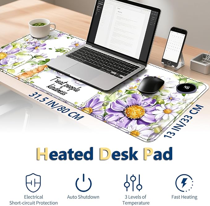 Heated Mouse Pad with 3 Temperature Settings(104°F–122°F),Large 31.5x13 Inch PU Leather Heated Desk Mat,Waterproof Warming Pad for Office,Gaming & Cold Hands Relief,Cute Cat Flower