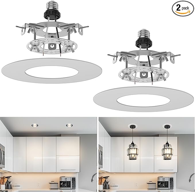Recessed Can Light Conversion Kit for 5" and 6" Ceiling Fixtures - Pendant/Hanging Light Upgrade, Compatible with Ceiling Fans, Includes 7¾" Flat Steel Medallion, White Finish,2 Pack